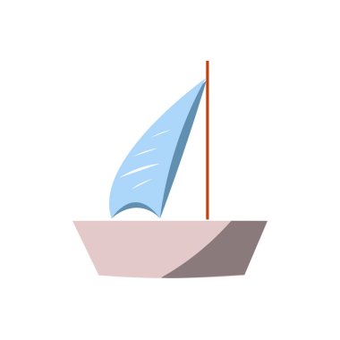 Beyaz arka planda renkli, izole bir yelkenli. Basit logo tasarımı. Yelkenli yat düz vektör çizimi. Deniz ikonu. Deniz tatili konsepti. Yat yarışı sporu zirvesi. Yelkenli yarışı