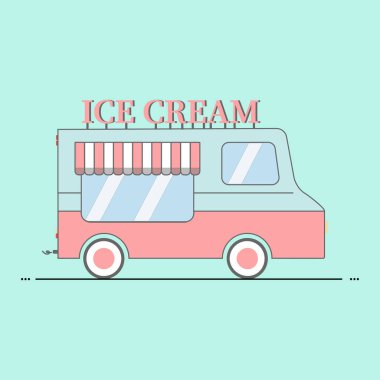 Yeşil arka planda renkli dondurma kamyonu. Dondurma kamyonetinin eski renkleri. Vektör konsepti çizimi.
