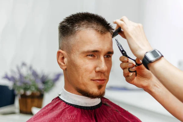 European man is cut by a barber. Men\'s hair cutting with scissors in the salon.