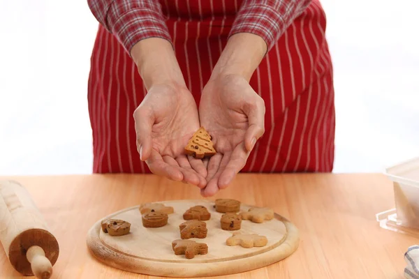 Close Bakery Man Hand Holding Tray Christmas Gingerbread Cookies Homemade — Stock Photo, Image