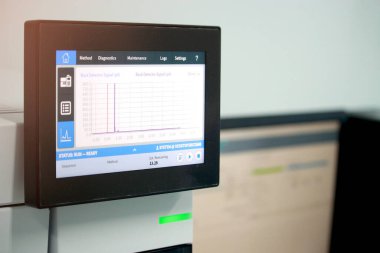 Gaz kromatografisi (GC) enstrümanının görüntüleme ekranı, kimya analitik deney konsepti