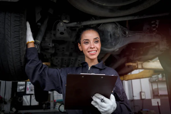 Female Auto Mechanic Work Garage Car Service Technician Woman Check — Stok fotoğraf