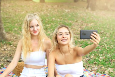 Mutlu arkadaşlar parkta piknikte, iki güzel genç kız akıllı telefonlarıyla selfie çekiyor ve yaz bahçesinde birlikte vakit geçirirken eğleniyorlar, kadın açık hava arkadaşlık kavramı.
