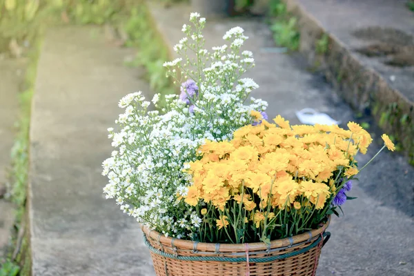 Yellow chrysanthemum, white cutter and violet margaret, beautiful flowers in bamboo basket