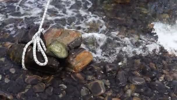 Vagues Océaniques Écrasant Sur Plage Pierre Noire Belle Scène Naturelle — Video