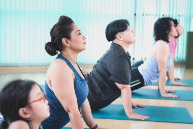 Yoga egzersiz sınıfı, kapalı salonda yoga dersi alan bir grup sporcu, birlikte yatıp Kral Kobra pozu veriyorlar, vücut bakımlarını üstlenmek için egzersiz yapıyorlar..
