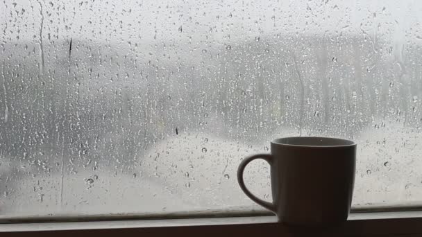 Ένα Καπάκι Του Καφέ Ζεστή Σοκολάτα Σταγόνες Βροχής Ένα Τζάμι — Αρχείο Βίντεο