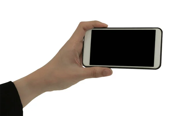 Uno Smartphone Tenuto Mano Isolato Sfondo Bianco Telefono Cellulare Portata — Foto Stock