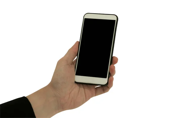 Uno Smartphone Tenuto Mano Isolato Sfondo Bianco Telefono Cellulare Portata — Foto Stock
