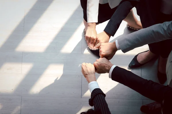 Overhead View Businessman Woman Putting Hands First Join Together Business — Stock Fotó