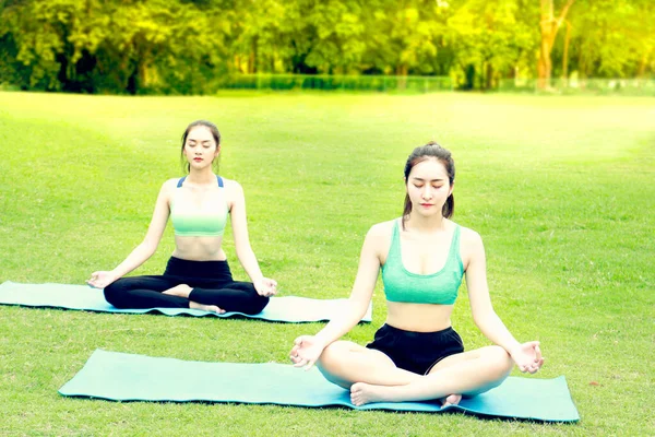 Two Cute Asian Teen Girls Practicing Yoga Garden Nature Sport — Stock Photo, Image