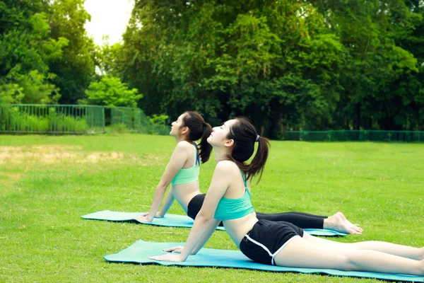 Zwei Hübsche Asiatische Teenager Frauen Praktizieren Yoga Garten Der Natur — Stockfoto