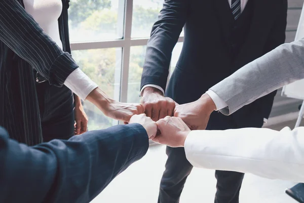 Businessman Woman Putting Hands Fist Join Together Business Partnership Colleagues — Stock Photo, Image