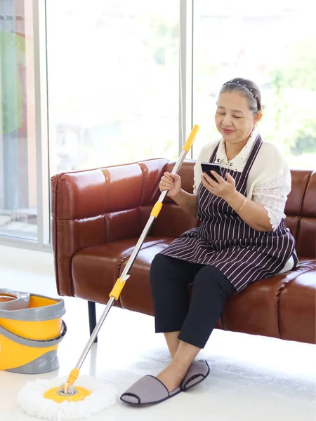 Happy Asian Senior Woman Housewife Holding Mop Cleaning Floor Using — стоковое фото