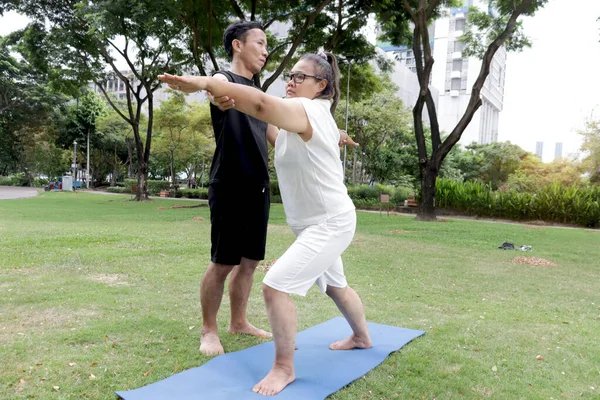 Yeşil Park 'taki dostunun yardımıyla yoga minderinin üzerinde egzersiz yapan orta yaşlı, şişman bir Asyalı kadın. Tombul kadın, doğada partneriyle yoga egzersizi yapar. Çeşitlilik gerçek vücut yaşam tarzı.