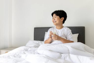 Asyalı çocuk sabah uyandıktan sonra yatak odasında elinde bir bardak süt tutuyor. Rahat beyaz yatakta süt bardağıyla uyuyan tombul bir çocuk. Lezzetli süt içen şirin ilkokul çocuğunun portresi..