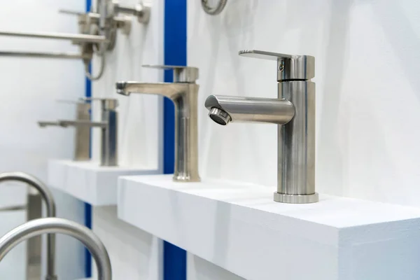 Water Taps Trading Plumbing Store Chrome Bathroom Products Selective Focus — Stock Photo, Image