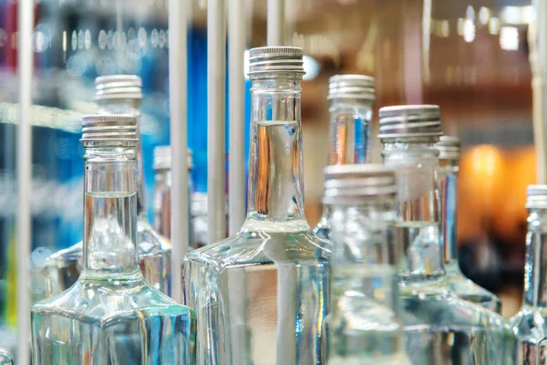 Glass Bottles Vodka Distillery Close Alcohol Labels — Stock Photo, Image