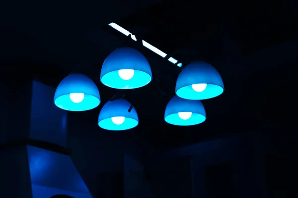 Blue Chandelier Five Shades Hangs Black Background Copy Space — Stock Photo, Image