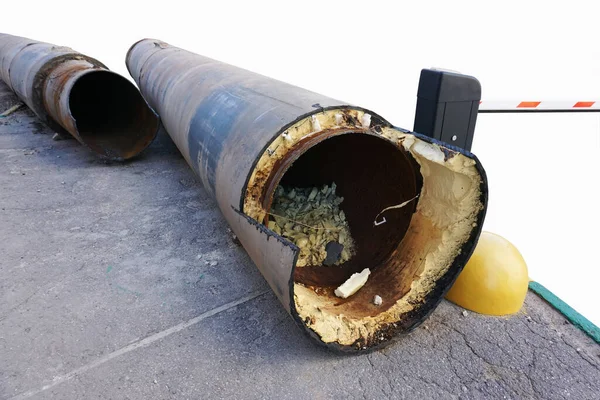 Old Metal Pipes Large Diameter Thermal Insulation Elimination Replacement Malfunction — Stock Photo, Image