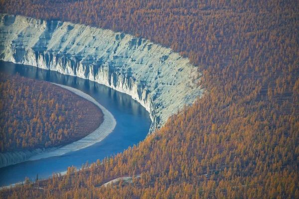 Bank van de rivier Moierokan en taiga — Stockfoto