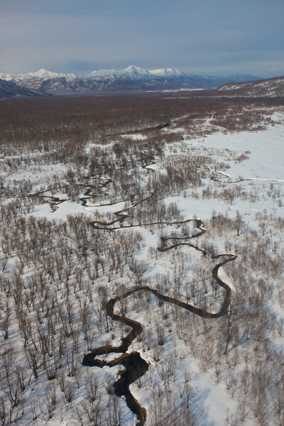 Floodplain of the river meanders in a mountain snowy tundra