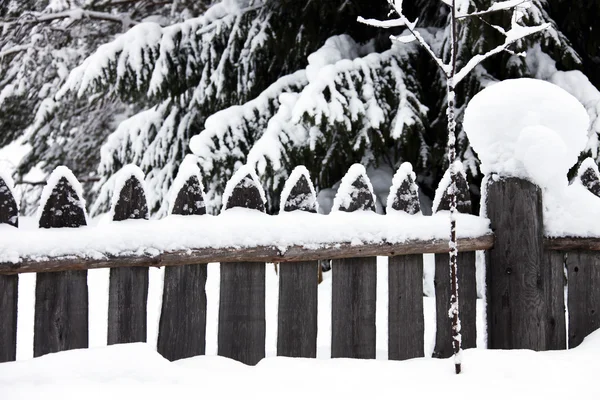 The fence in the snow in the Karelian village. Snow-covered wooden fence. Royalty Free Stock Images