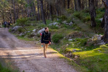 Yoğun çam ormanlarında ve Akdeniz manzarasında yürüyen genç yürüyüşçü, dağ kıyafetleri giyiyor ve kamp çantası takıyor..