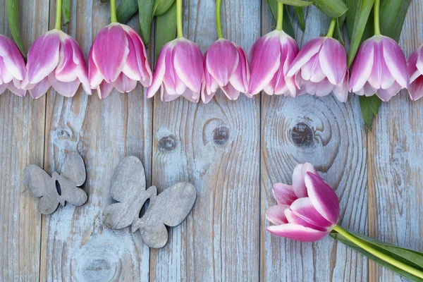 Old grey blue wooden background with pink white tulips border in a row  and empty copy space with wooden spring summer butterflies decoration — Stock Photo, Image