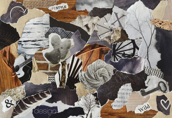 color grey, brown and  black life style Atmosphere mood board collage sheet made of teared magazines paper with figures, letters, colors and textures, results in art