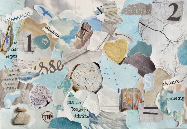 Sereno zen Creative Atmosphere art mood board collage sheet in color idea aqua blue, mint green, grey, white made of teared magazine and printed matter paper with colors and textures — Foto de Stock