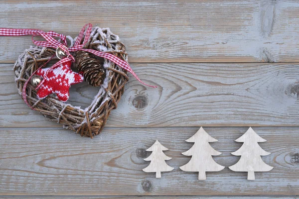 Gris espacio de copia vacío fondo de madera con decoración de navidad blanca y roja de madera — Foto de Stock