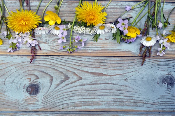 Margaridas, copos de manteiga, dentes de leão, erva assobiando, flores de campo em uma textura cinza velho fundo de madeira com espaço de cópia vazio — Fotografia de Stock