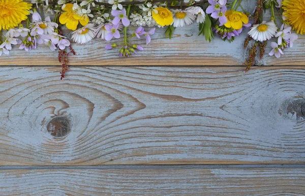 Margaridas, copos de manteiga, dentes de leão, erva assobiando, flores de campo em uma textura cinza velho fundo de madeira com espaço de cópia vazio — Fotografia de Stock