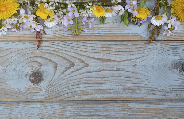 Margaréták, pitypang, buttercups, sípoló gyógynövény, mező virágok a régi szürke textúra fa háttér üres másol hely — Stock Fotó