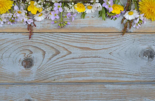 Margaridas, copos de manteiga, dentes de leão, erva assobiando, flores de campo em uma textura cinza velho fundo de madeira com espaço de cópia vazio — Fotografia de Stock