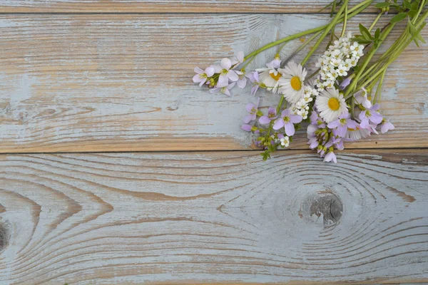 Margaridas, copos de manteiga, dentes de leão, erva assobiando, flores de campo em uma textura cinza velho fundo de madeira com espaço de cópia vazio — Fotografia de Stock