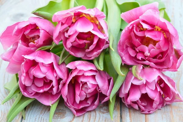 Primo piano di un mazzo di tulipani viola rosa su legno vecchio grigio annodato blu — Foto Stock