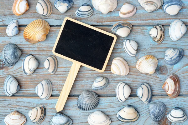 Empty black chalk board on a old knotted used wooden background with sea beach shells for a beach style mood board layout — Stock Photo, Image