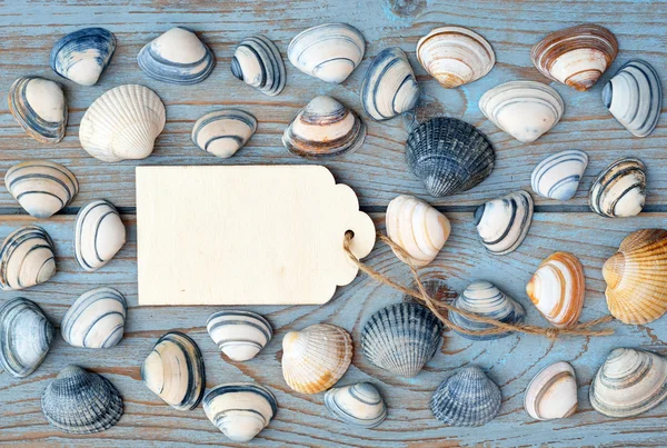 Coquilles de plage et de mer sur un vieux fond en bois noué bleu gris avec une étiquette en bois emty white wash pour une plage, disposition de planche d'humeur de vacances — Photo