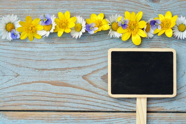 Lege zwarte krijt bestuur op een oude gebruikte geknoopte blauw, grijs houtbewerking met madeliefjes en boterbloemen voorjaar en de zomer voor een serene vrolijke sfeer bloemen — Stockfoto