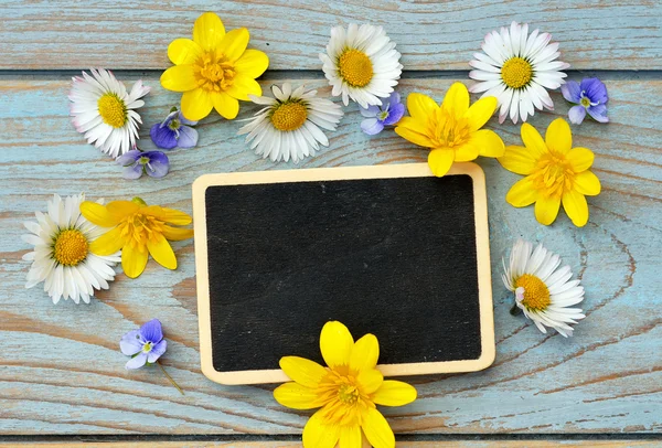 Leere schwarze Kreidetafel auf einem alten gebrauchten geknoteten blauen, grauen Holz mit Gänseblümchen und Ranunkeln Frühling und Sommer für eine heitere fröhliche Atmosphäre Blumen — Stockfoto