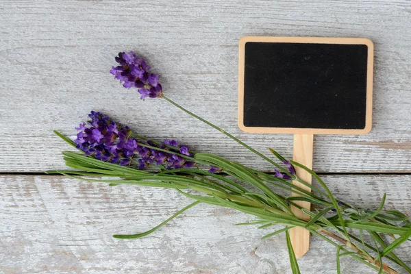 Branco cinza velho prateleiras de madeira fundo com placa de giz vazio e espaço de cópia e flores de lavanda decoração — Fotografia de Stock