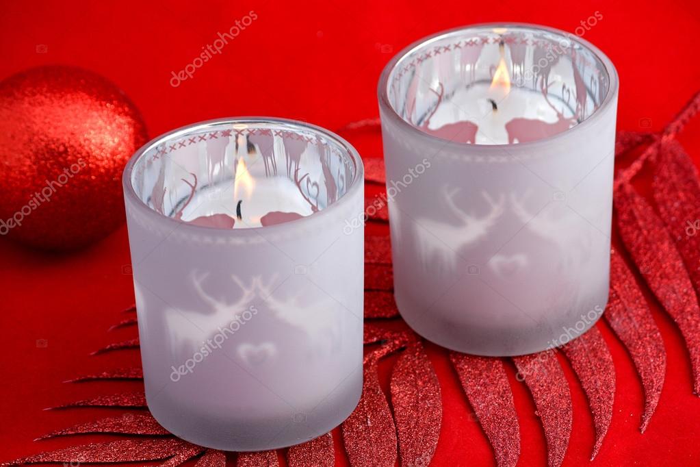Red Christmas Background With Three Glitter Tea Candle Holders