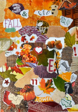 Fall, autmun season Atmosphere  mood board collage in color red, green, yellow, orange and brown made of teared magazine paper with leaves trees, letters, signs,colors and textures clipart