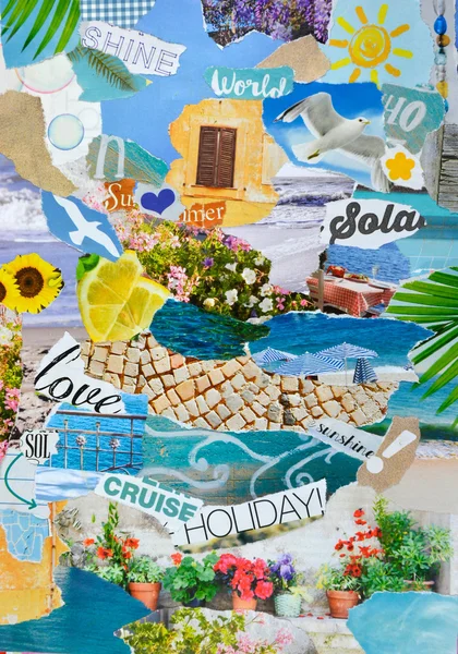 Temporada de verano Ambiente ambiente tablero collage en color azul, verde y amarillo hecho de revista desgarrada y papel impreso con flores, playa, mar, terraza, letras, signos, colores y texturas — Foto de Stock