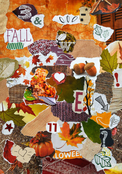 Осень, осень сезон Атмосфера настроение борту коллаж в цвет красный, зеленый, желтый, оранжевый и коричневый из рваной бумаги журнала с листьями, буквы, знаки, цвета и текстуры
