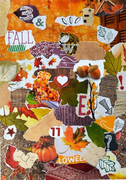 Fall, autmun season Atmosphere  mood board collage in color red, green, yellow, orange and brown made of teared magazine paper with leaves trees, letters, signs,colors and textures