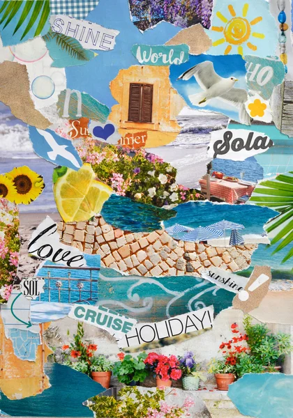 Summer season Atmosphere mood board collage in color blue,green and yellow   made of  teared magazine and printed matter paper with flowers, beach, sea, terrace,letters, signs,colors and textures — Stock Photo, Image