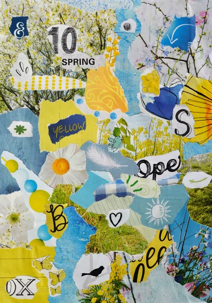 Frühlingsatmosphäre Farbe blau, rosa, grün, gelb und pastellfarbene Mood Board mit zerrissenem Magazin und Druckpapier mit Blumen, Herzform, Vögeln, Buchstaben, Schildern, Farben und Texturen — Stockfoto